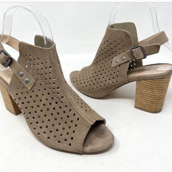 Sole Society Rena Peep Toe Slingback Beige Bootie 6 Perforated Block Heel Shoes - Picture 7 of 9